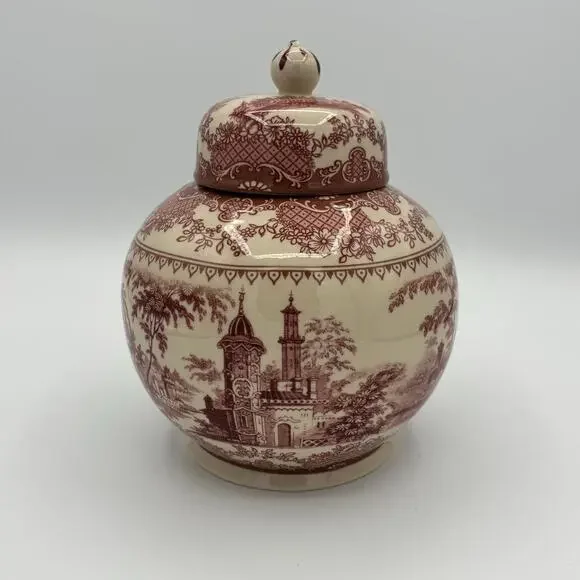 Vintage MASON'S 'Vista Pink' Lidded Ginger Jar - Red Ceramic Transferware 7