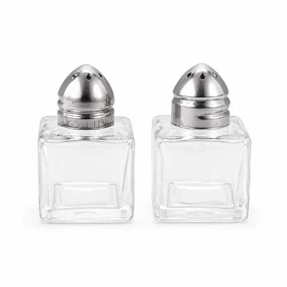 Square Glass Salt and Pepper Shakers Set Chrome Metal Lids Clear Kitchen Dining