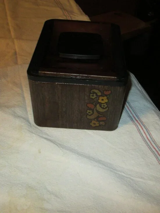 vtg cottage core tea canister wood grain floral front copper lid by Kromex