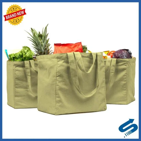 Heavy Duty Canvas Grocery Tote Set with Pockets Foldable Washable XL