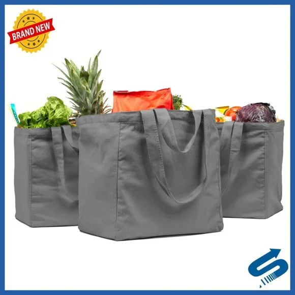 Heavy Duty Canvas Grocery Tote Set Foldable Washable Dual Handle Pockets