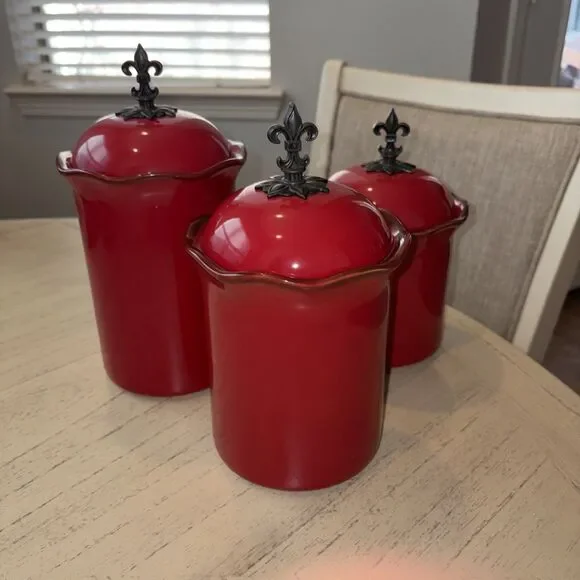 Southern Living At Home CINNABAR CANISTER Red Fleur de Lis French Style SET of 3