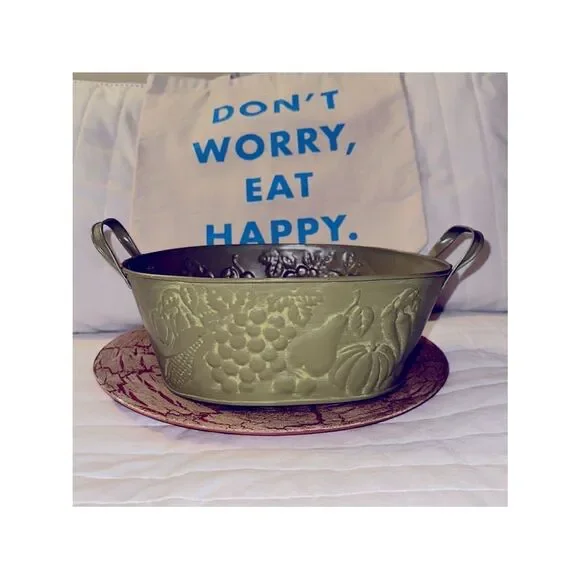 Metal Tin Bowl with Handles Green Fruit Harvest Dented Design