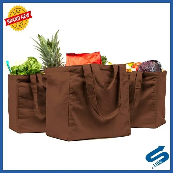 Heavy Duty Canvas Tote Set with Pockets Foldable Washable Grocery Bags