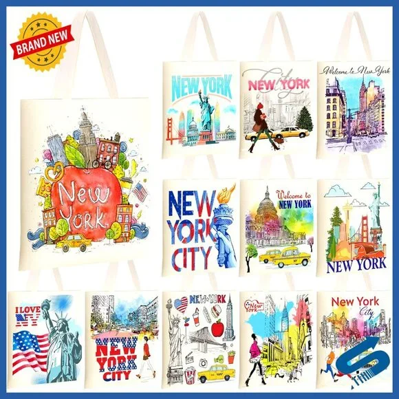 Reusable Canvas Tote Bags with Zipper Pocket NYC Souvenir Travel Gift Set