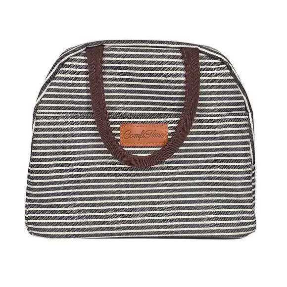COMFYTIME INSULATED LUNCH BAG – BLACK/WHITE STRIPES – ZIP TOP / THERMAL LINING