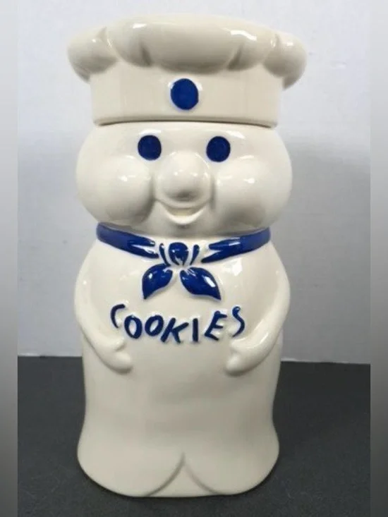 Vintage 1973 Official Pillsbury Dough Boy Ceramic Cookie Jar *slight lid grazing