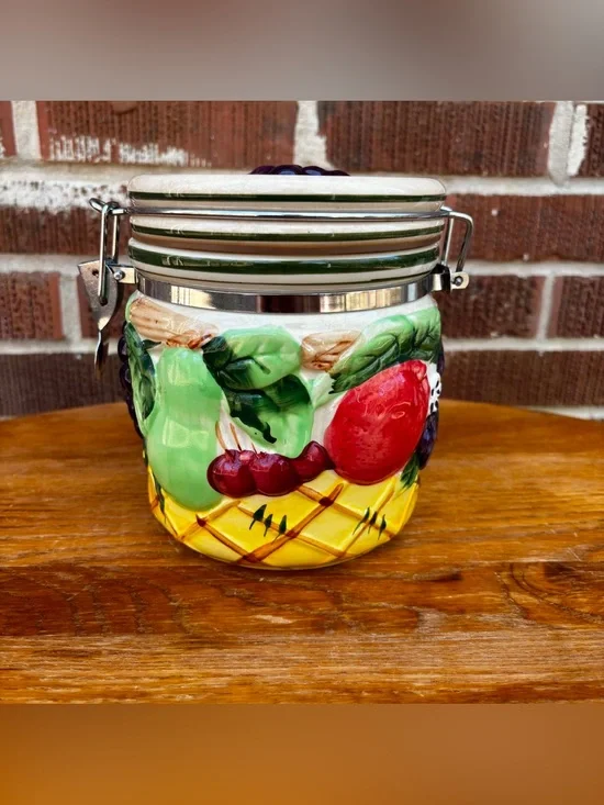 Vintage Fruit Hand painted Ceramic Canister Jar Country Cottage Decor 6 in tall