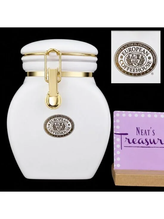 Vintage EUROPEAN COFFEEHOUSE White Gold Letters Ceramic Airtight 8.5