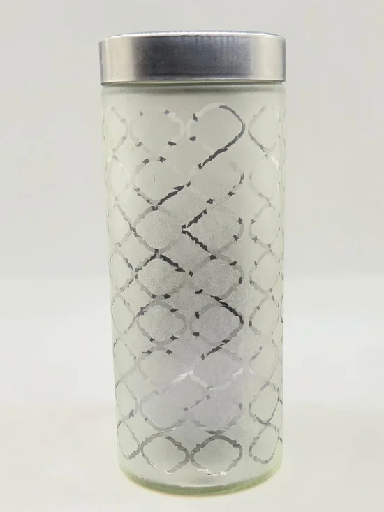 11” Moroccan Ogee Frosted Glass Storage Jar Canister Brushed Silver Lid **
