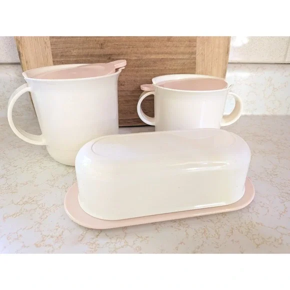 Tupperware Creamer Sugar Butter Dish Set Pink Patel Retro Kitchen Cottagecore