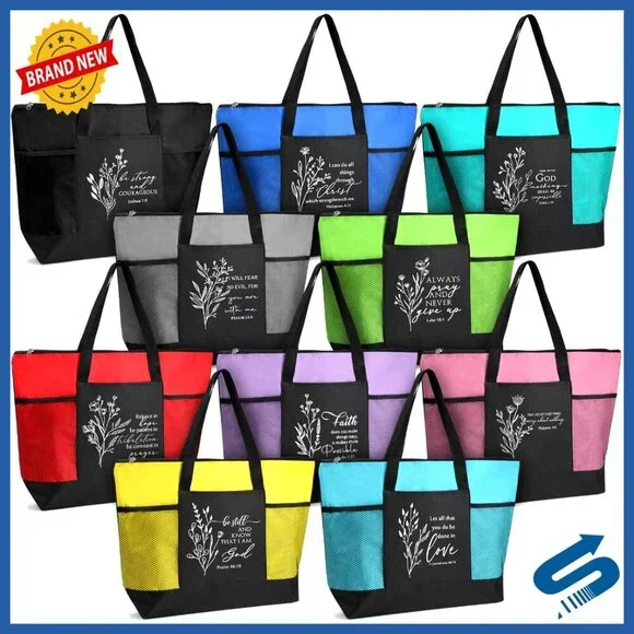 Religious Tote Bags Bulk Set with Zipper Pockets Boho Style Church Gifts