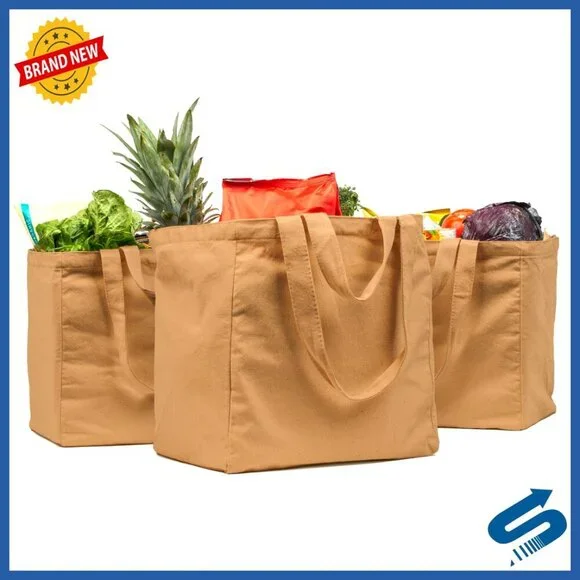 Heavy Duty Canvas Grocery Tote Set with Pockets Foldable Washable Utility