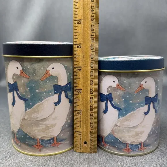 2pc Vintage 1980s Country Geese Nesting Metal Tin Canisters Blue Bow