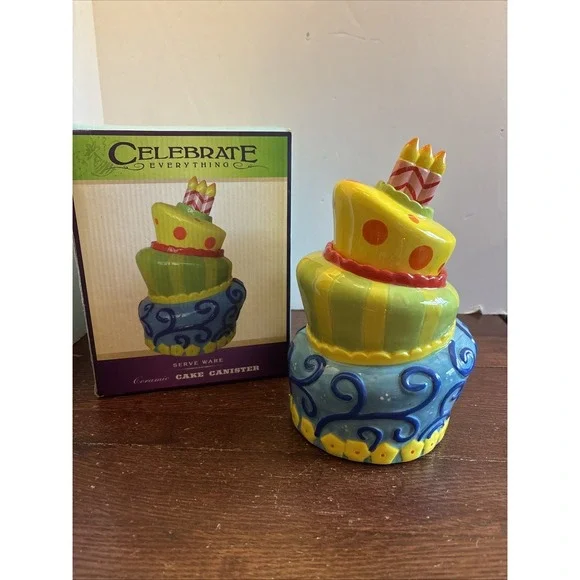 Celebrate Everything Ceramic Topsy Turvy Birthday‎ Cake Canister Cookie Jar 9in