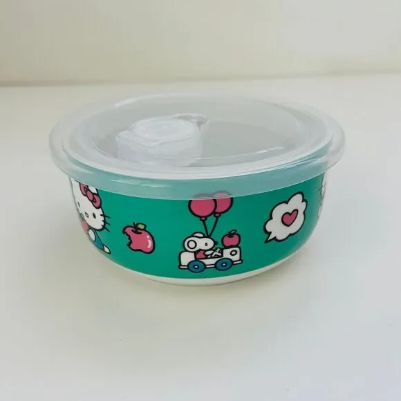 HELLO KITTY Pastel Green Pink Covered Small Ceramic Bowl With Lid