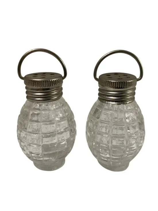 Hand Grenade salt & pepper shakers with silver top and handle Military Theme