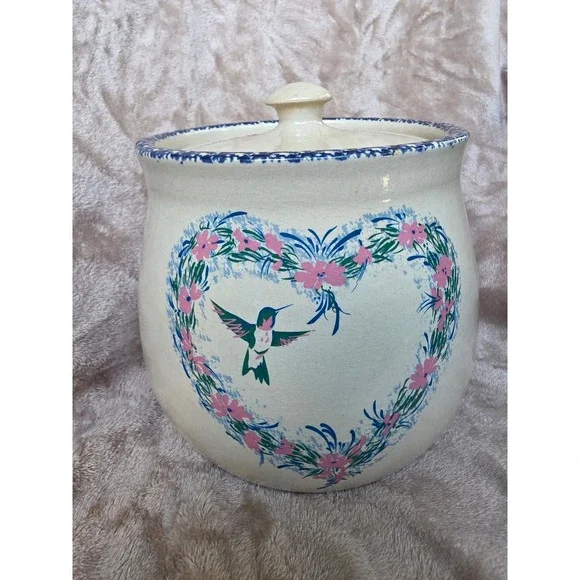 Vintage Hummingbird Stoneware Cookie Jar Home & Garden Party Spongeware