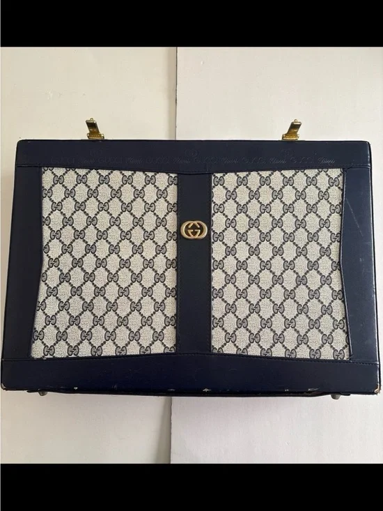Authentic Gucci Monogram Canvas Top Handle Bag Briefcase in Navy & Beige