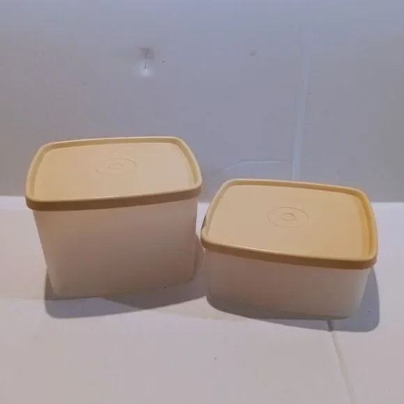 Vintage Tupperware Square Storage Containers W/ Lid-Lot Of 2-Clear & Tan
