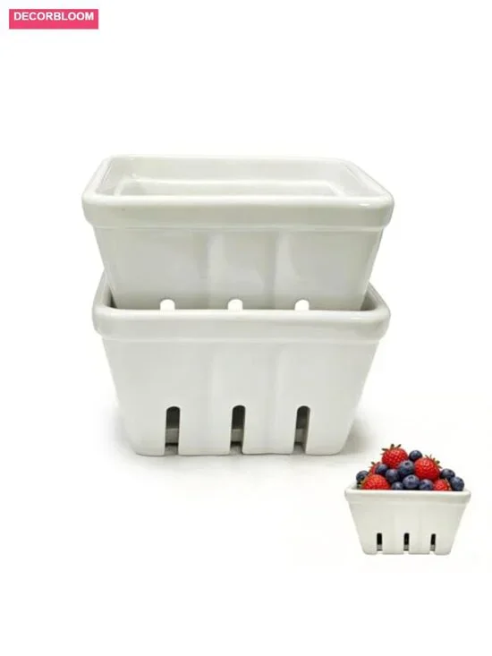 Set of 2 Ceramic Berry Baskets with Draining Holes - Fruit Bowl for Kitchen