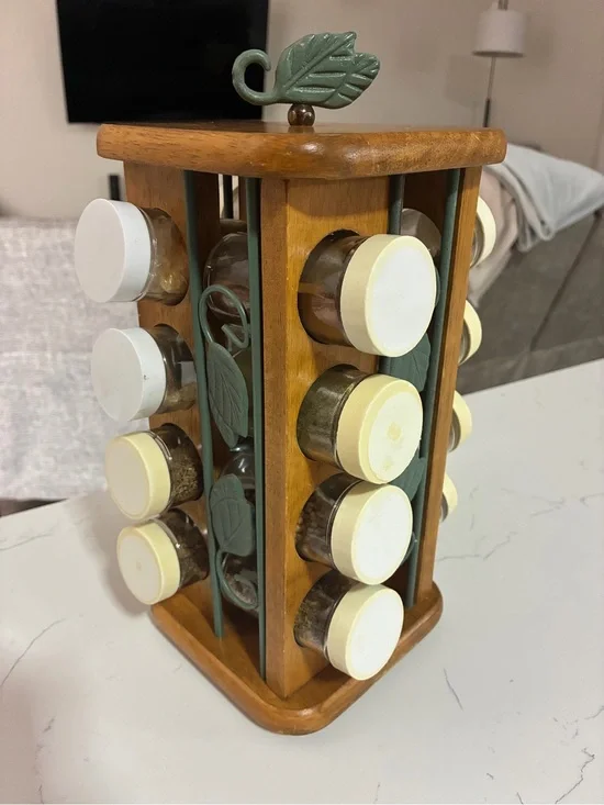 Vintage Wooden Rotating Spice Rack with Leaf Accents and White Lidded Jars
