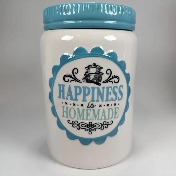 Cracker Barrel Cookie Jar 'Happiness is Homemade' Teal &‎ White 8.5 x5.5