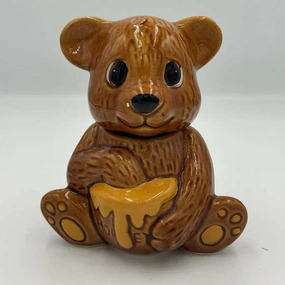 Vintage Brown Ceramic Teddy Bear Honey Pot Jar‎ with Dipper