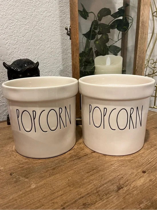Rae Dunn Cream White 'POPCORN' Ceramic Buckets- Set of 2