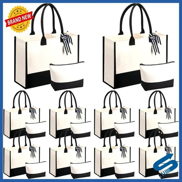 Canvas Tote Bags Set with Cosmetic Cases Classic Elegant Gift Bundle