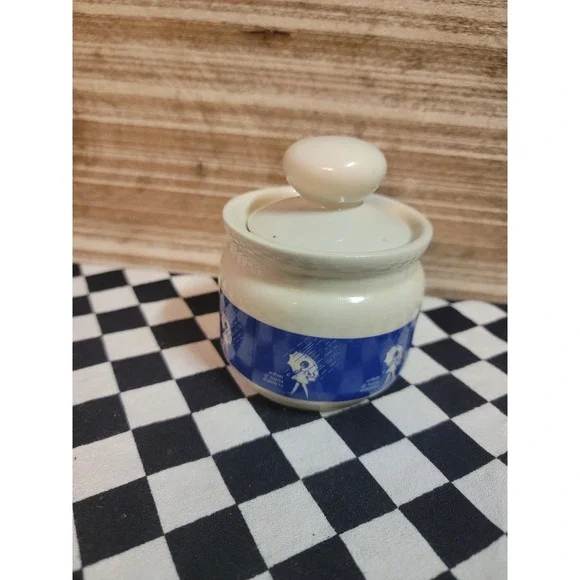Vintage Morton Salt Girl Ceramic Lidded Jar Made in Japan Cracked Chipped