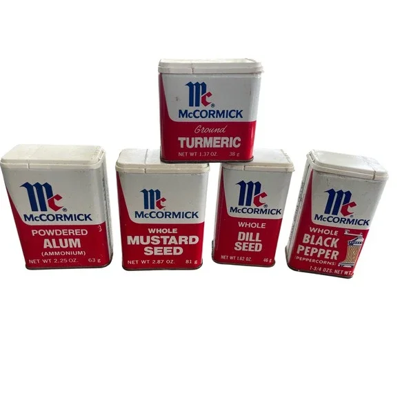 VTG‎ McCormick Spice Tins Lot of 5 1970s Metal Containers Turmeric Alum Pepper