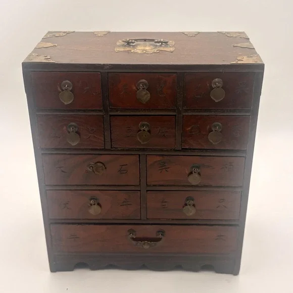 Vintage Chinese Apothecary Cabinet 11 Drawer Herb Chest Wood Brass Storage Box