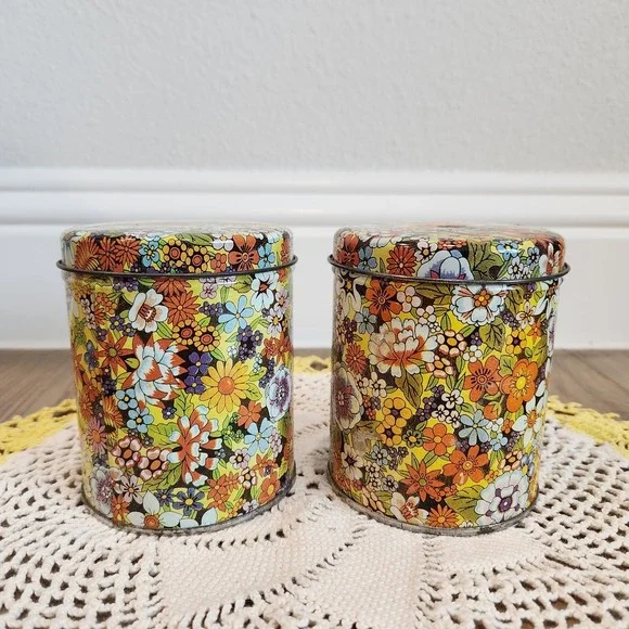 Vintage 70s Set Of 2 Floral Canister Hippie Retro Tins MCM Flower Power 4.5in