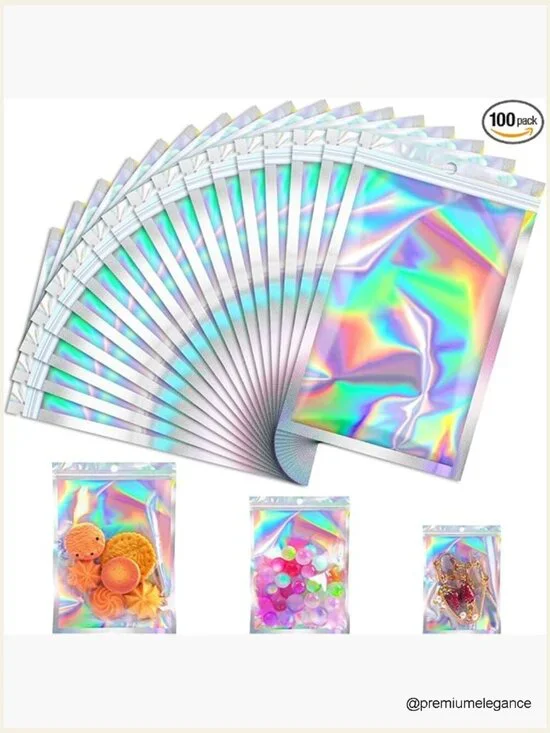100 Pcs Holographic Mylar Bags - Resealable Smell Proof Foil Bags for Treats,
