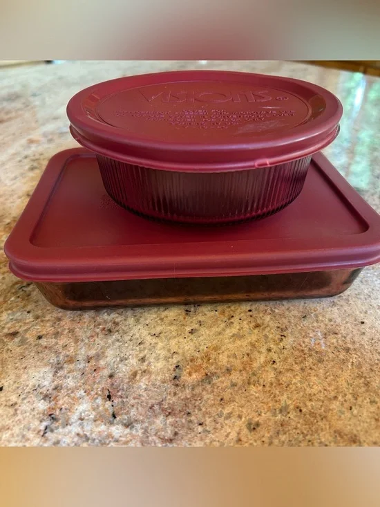 Pyrex Cranberry Visions Glass Food Storage w/lids Round C-16-B 1 pint & 7210 3C.