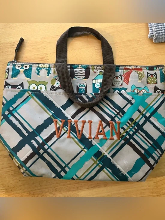 Thirty One Personalized Vivian Teal Plaid Tote Bag