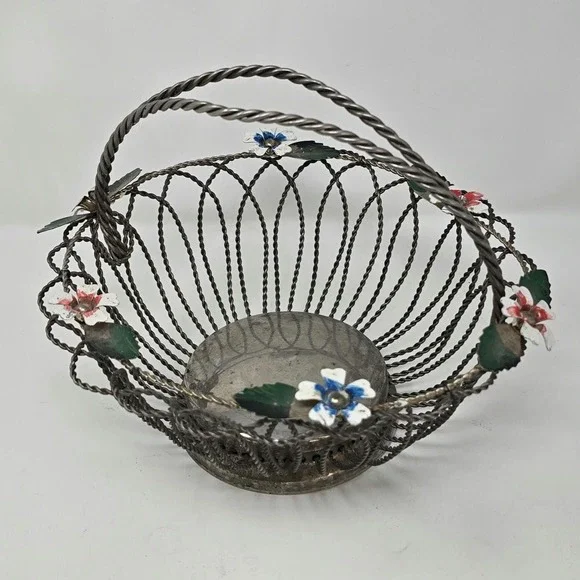 Vtg chrome metal wire fruit bowl basket retro flower kitchen‎ décor rustic