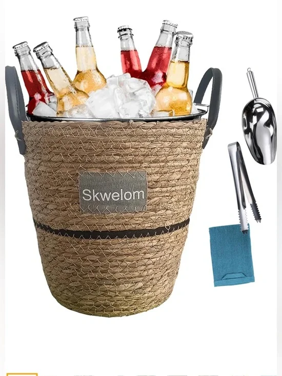 Natural Woven Ice Bucket Cooler - Brown