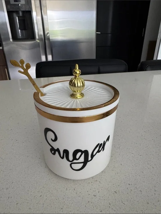White Ceramic Sugar Jar with Gold Trim