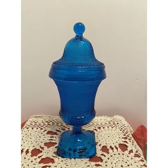 Blue Glass Lidded Apothecary Jar, Dot & Leaf Pattern, 10.5