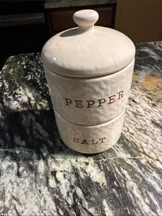 Stackable Ceramic Salt & Pepper Canister Set - Cream with Red Lettering