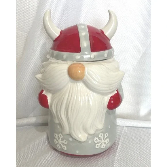 Sleigh Bell Bistro Viking Gnome Ceramic Cookie Jar Grey Red Snowflake Christmas