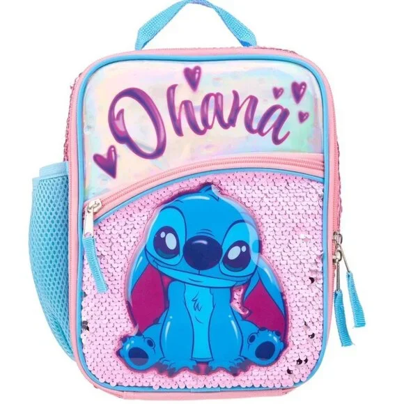 DISNEY LILO & STITCH Reusable Insulated Lunchbox Lunch Bag Pink Sequin NEW