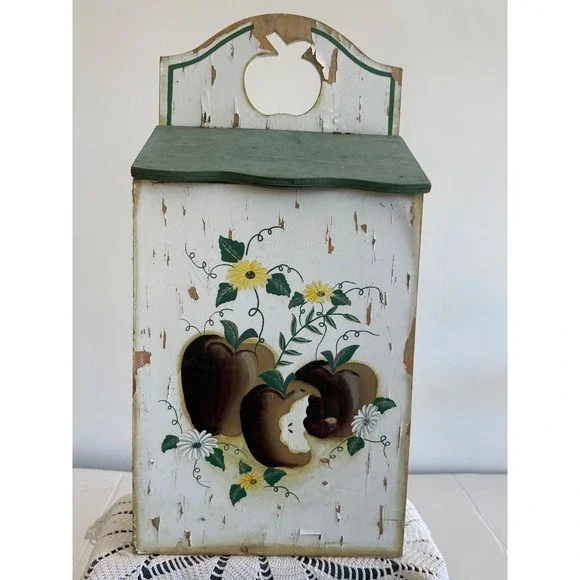 VTG Collections Etc Wooden Wall box  Hand Painted Apple Sunflower Folk Art