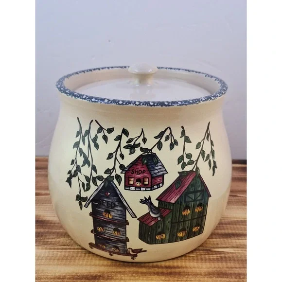 2000 Home And Garden Party Stoneware Cookie Jar/Bean Pot‎ with Lid Birdhouse