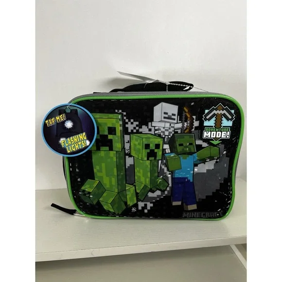Minecraft Adventure Mode Flashing Lights Insulated Lunch Bag Green Black
