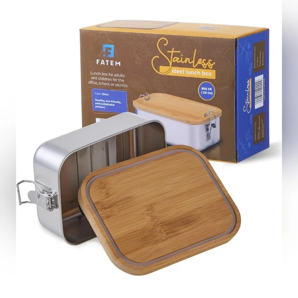 FATEM Stainless Steel Lunch Box with Bamboo Lid - Silver and Natural Wood