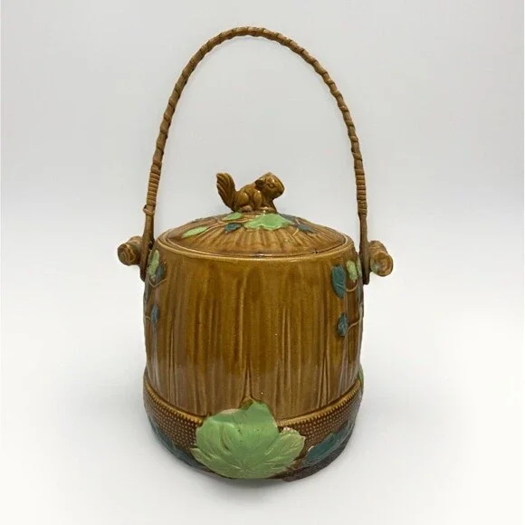 Vintage Majolica Biscuit Cookie Jar Squirrel Top Rattan Handle Hand Glazed Japan