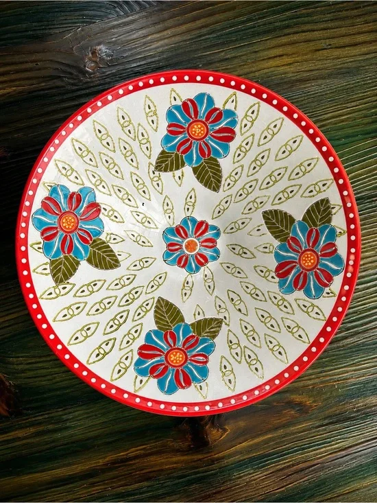 Artistic Accents Hand Painted Floral Serving Bowl 10” Turquoise Ceramic